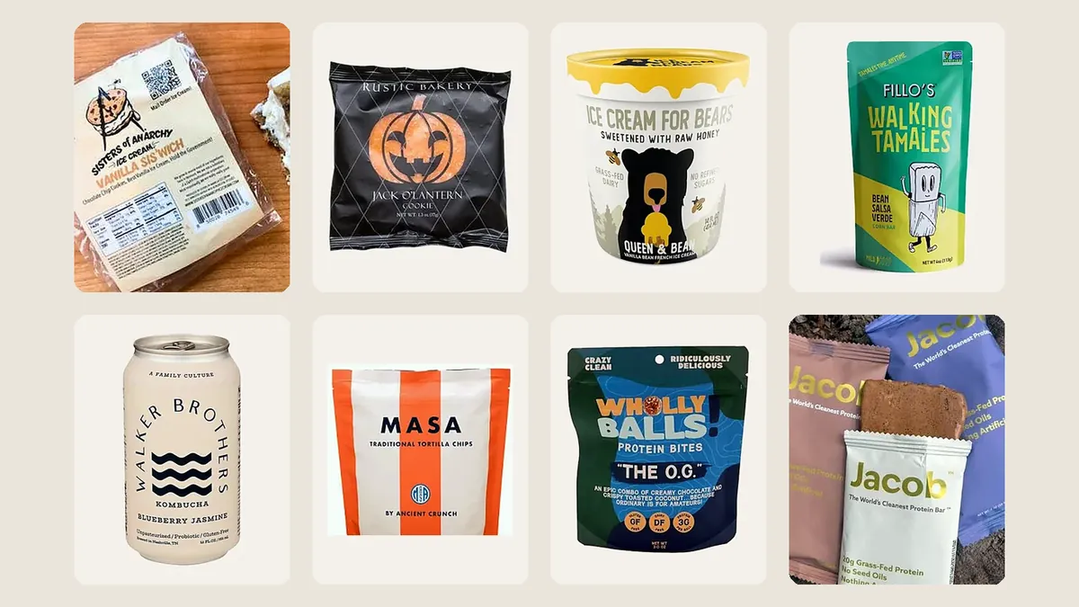 Fall lineup: Sisters of Anarchy Vanilla Sis'wich, Rustic Bakery Jack O'Lantern cookie, Ice Cream for Bears, Fillo's Walking Tamales, Walker Brothers kombucha, MASA chips, Wholly Balls, and Jacob protein bars