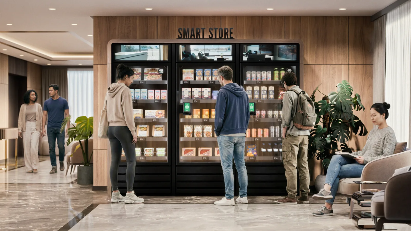 A smart store with coolers in an apartment lobby.