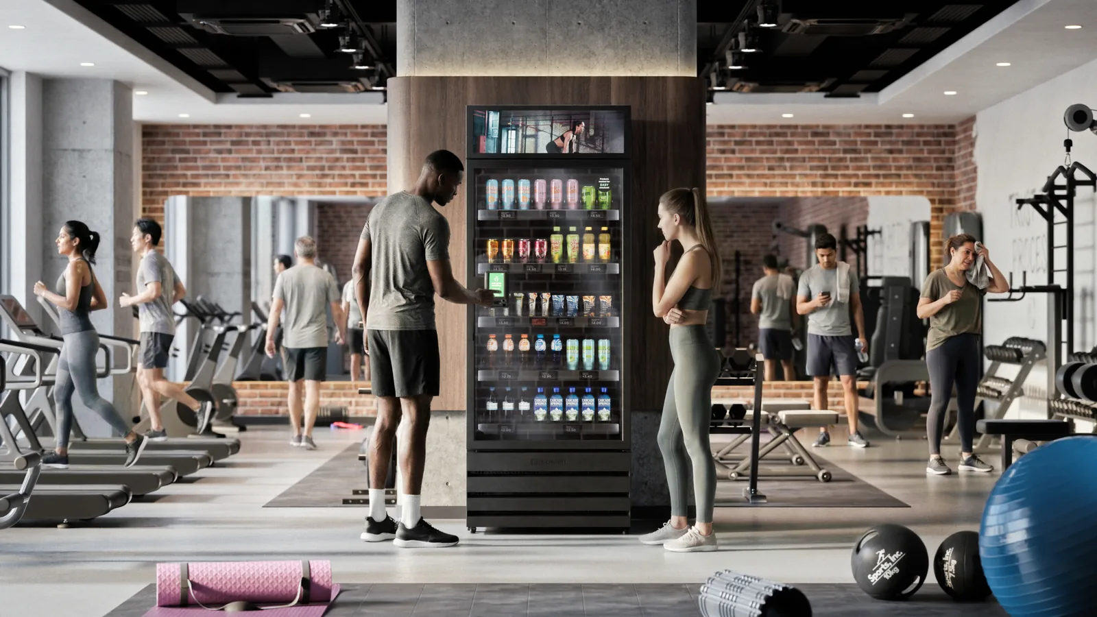 A smart cooler in a fitness center.
