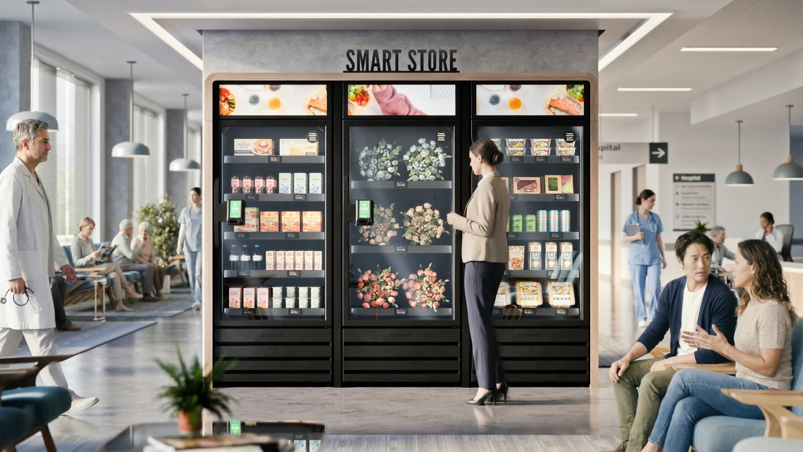 A smart store with coolers in a hospital lounge.