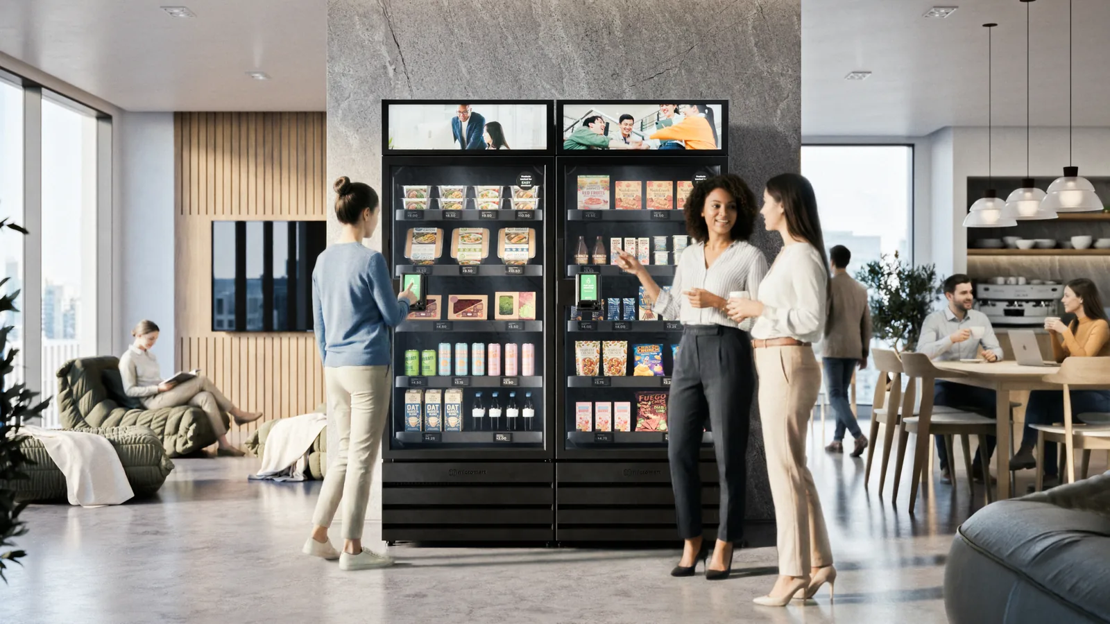 A smart store with coolers and shelves in a modern office lounge.